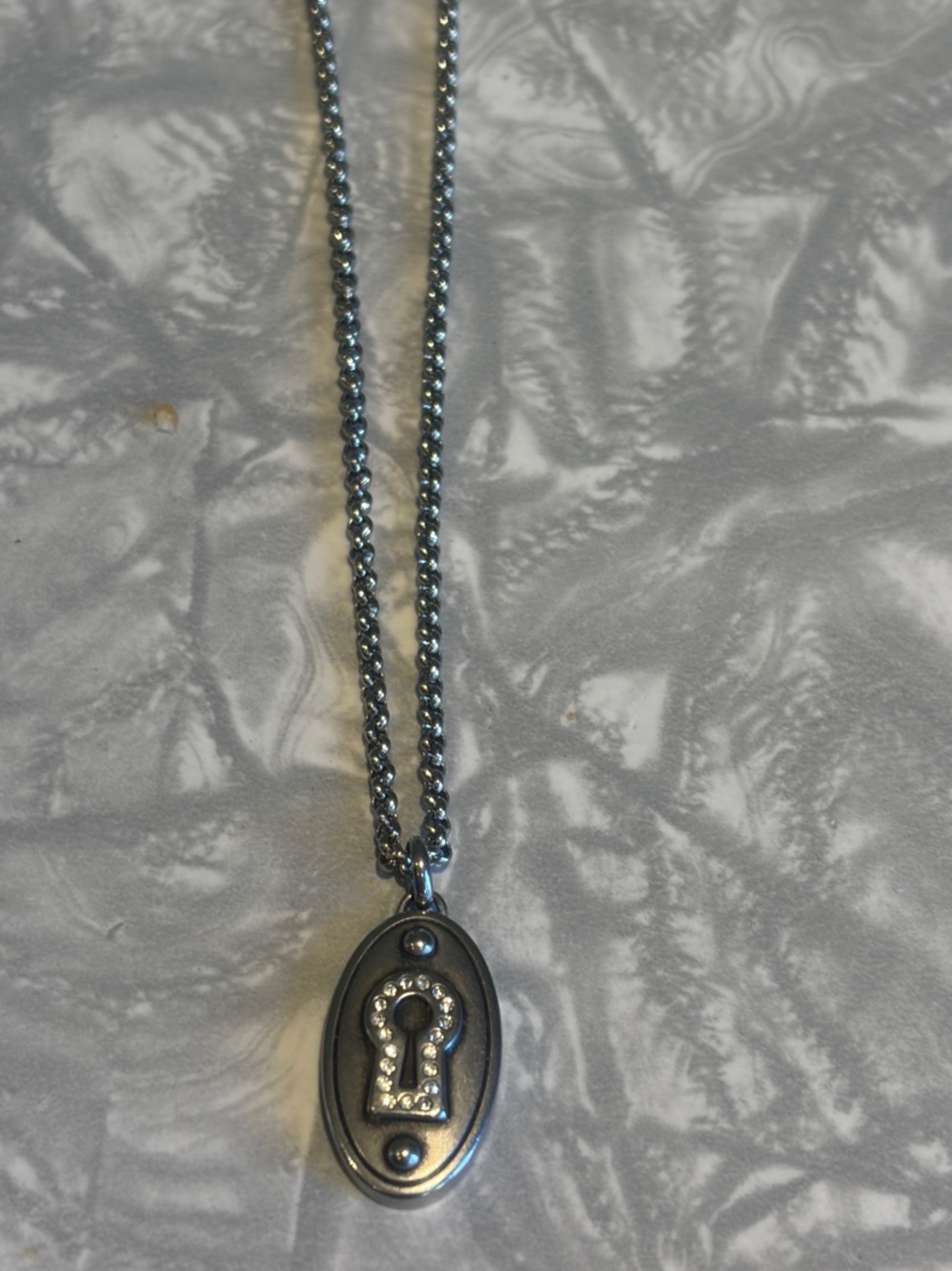 Fossil Steel Key Hole Lock Pendant W/Pave Crystals, 16” Cable Link Necklace